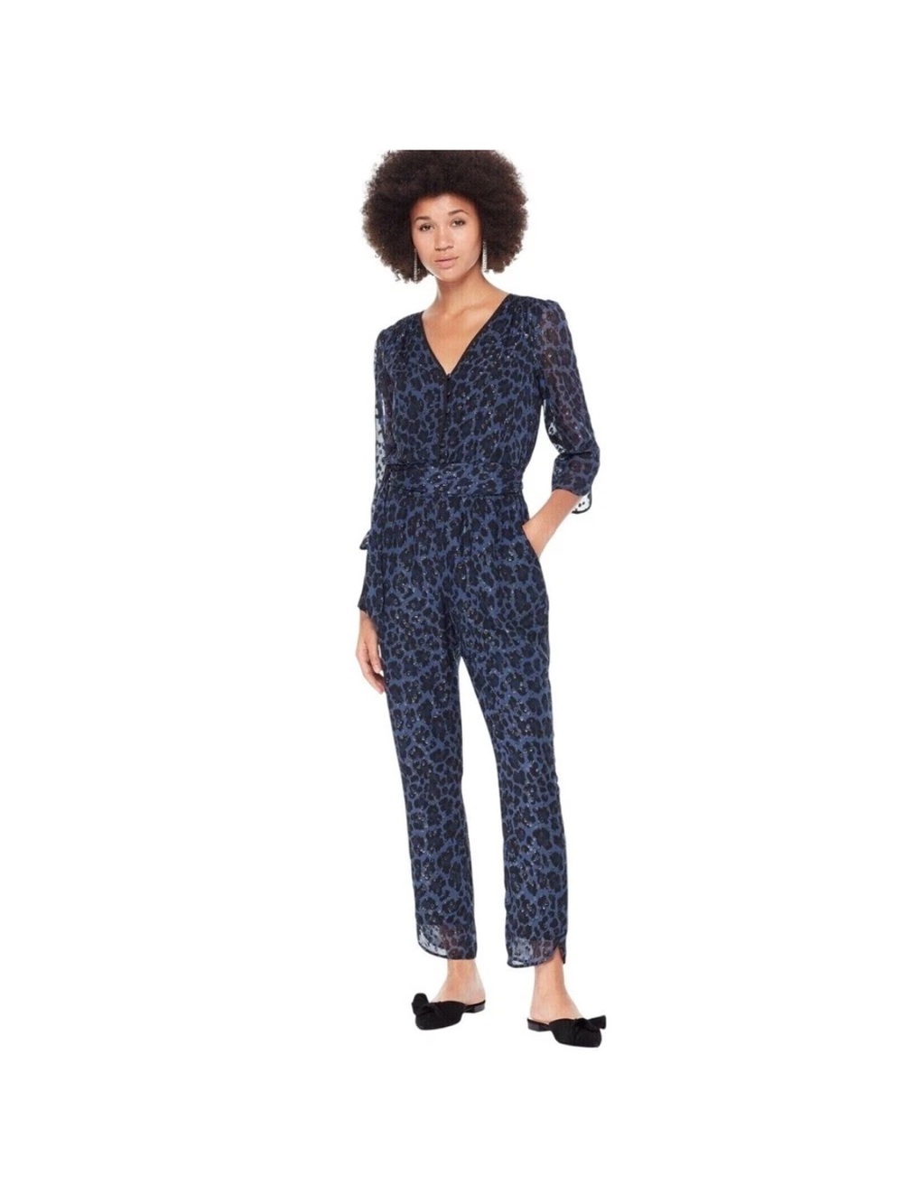 Kate Spade Blue Silk Leopard Print V-Neck Jumpsuit 4 $218